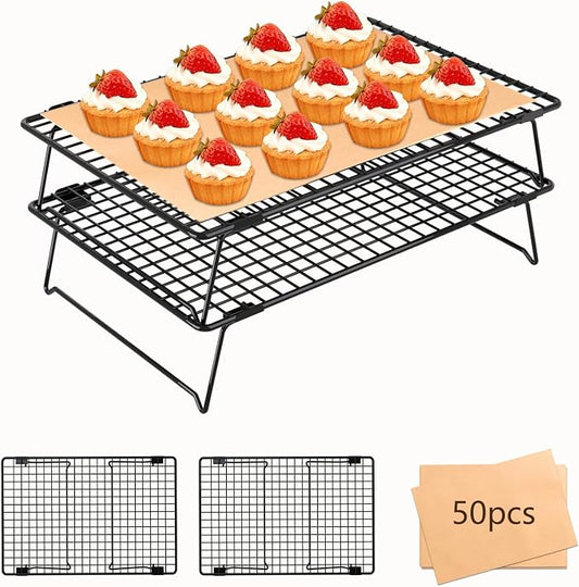 2-Tier Stackable Cooling Rack with Legs, 13"x 9" Nonstick Collapsible Wire Rack with 50 Pcs Parchment Paper for Baking Cookies, Cakes, Bread, Pizza