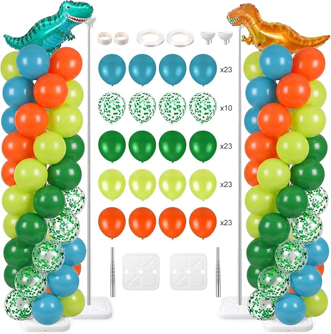 Skylety 2 Sets Dinosaur Balloon Column Stand Kit Adjustable Dino Green Orange Blue Balloon Tower Stand with Bases for Jungle Dino Birthday Wedding Graduation Party Baby Shower Decorations Supplies