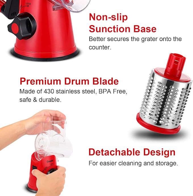 Geedel Rotary Cheese Grater, Kitchen Mandoline Vegetable Slicer with 3 Interchangeable Blades, Easy to Clean Rotary Grater Slicer for Cheese, Vegetables, Nuts