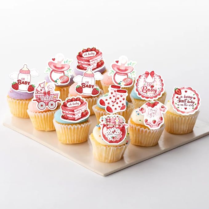 63 PCS Edible Baby Shower Cupcake Toppers Wafer Paper Berry Sweet Strawberry Cupcake Picks Edible Oh Baby It's a Girl Cake Decorations for Gender Reveal Baby Shower Girls Birthday Party Supplies Red