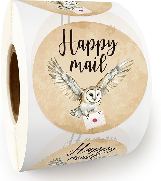 Cute Happy Mail Stickers Roll，Magic Retro1.7 Inch Round 500 Pcs Labels for Envelopes, Crafts, Scrapbooking Easy Peel & No Residue