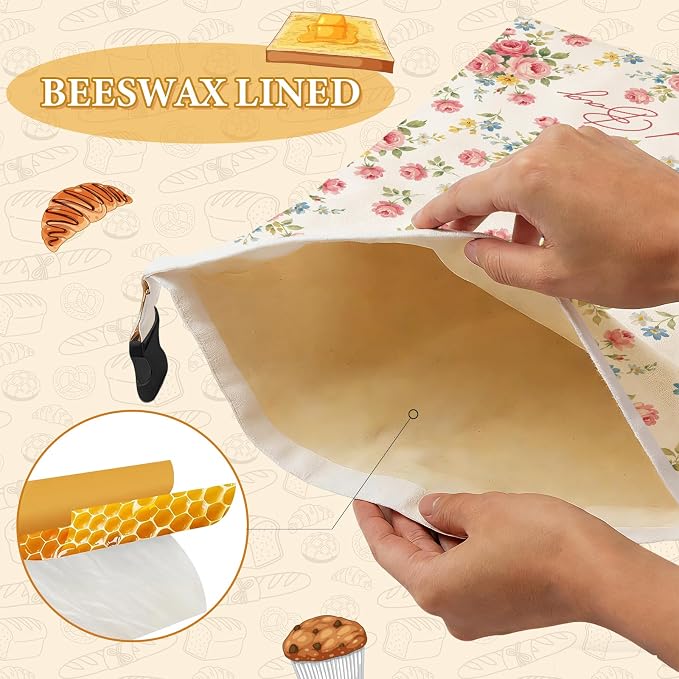 2 Pack Beeswax Bread Bags for Sourdough, 17x13 Inch Reusable Linen Beeswax Bread Bag with Buckle to Keeps Homemade Bread Freshness for Food Storage(Pink Floral)