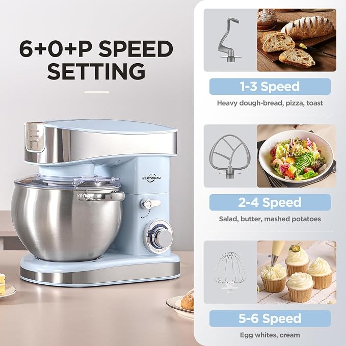 Stand Food Mixer, 6.3 Qt Stand Mixer, 400W 6-Speed with Pulse Tilt-Head, Kitchen Electric Mixer with Stainless Steel Bowl, Dough Hook, Whisk, Beater, Household Stand Mixer for Baking, Blue