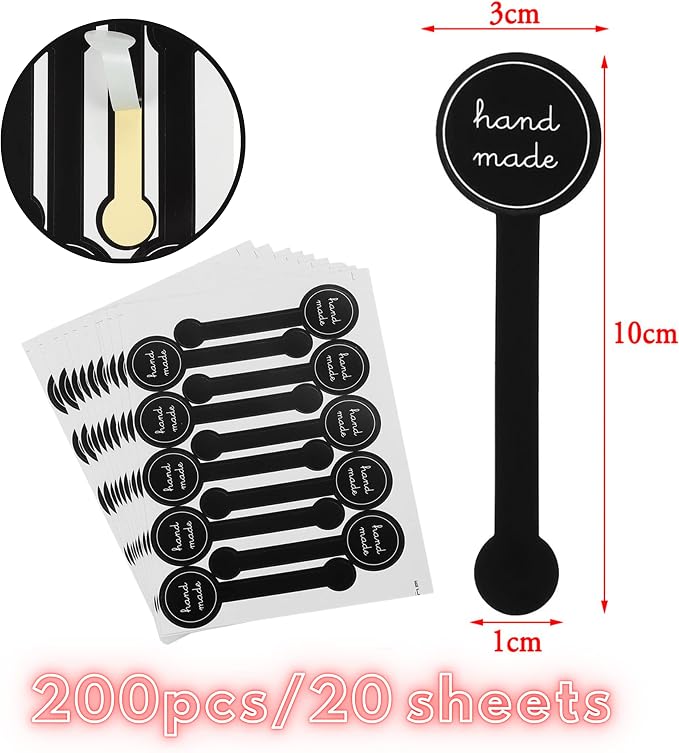 Beyonday 200pcs Handmade Lollipop Baking Stickers for Cake Box/Tins/Jars/Coffee Cups/Bottles, Long Label Lollipop Sealing Bakery Stickers for Gift Wrapping Self-Adhesive Tamper Evident Seal Labels
