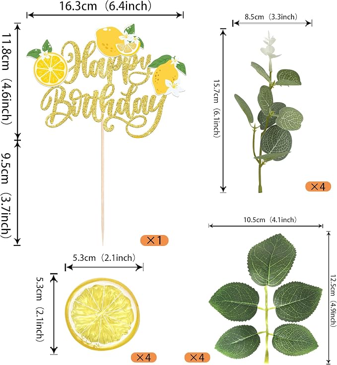 Rsstarxi Happy Birthday Cake Topper Decorations with Juicy Lemon Slices Leaves Cake Pick Decorations for Baby Shower Birthday Party DIY Cake Decorations