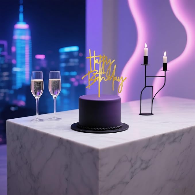 Happy Birthday Cake Topper – Gold Acrylic Birthday Cake Decoration, Modern Script Reusable Cake Pick for Adult Birthday Party, 7.2 Inch