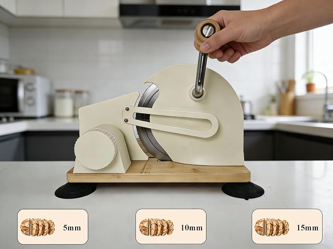 Bread Slicer Machine, Adjustable Thickness Stainless Steel Blade Bread Cutter with 6 Large Suction Cups, Foldable Compact Design Non-Slip Base for Homemade Bread Slicing (Off-white, Wood Base)