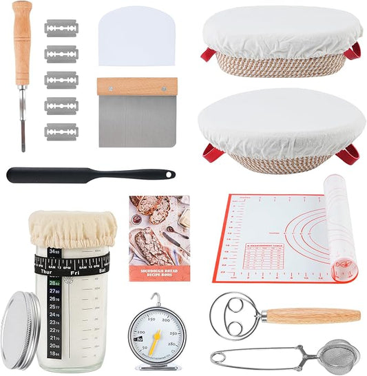 Sourdough Starter Kit 16 PCS, 11" & 9" Cotton Bread Proofing Basket Kit, 24oz Sourdough Starter Jar, Banneton Bread Proofing Baskets Set Include Oven Thermometer, Baking Supplies and Making Tools Set