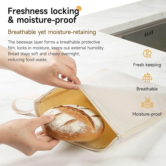 Beeswax Bread Bag Set of 2, 12.6"x17" Sourdough Bread Storage, Reusable Linen Bags with Wide Zipper Freezer Safe for Homemade Artisan Loaves