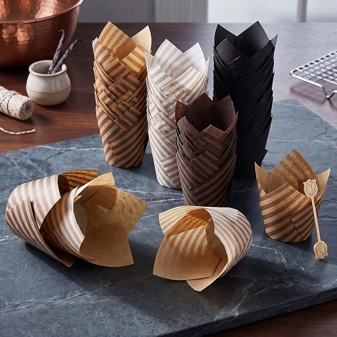 200 Pcs Stripe Tulip Cupcake Liners for Baking, Assorted Colors | Standard Greaseproof Tulip Muffin Liners for Baking, 3oz Paper Cupcake Wrappers for Party Wedding Birthday