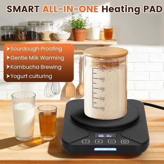 Sourdough Starter Warmer with 1°F Thermostat Control(70-100℉)24H Timer Memory Function Heating Pad for Fermentation, Heating Mat for Home Baking Fits Jars Up to 40oz (Black)