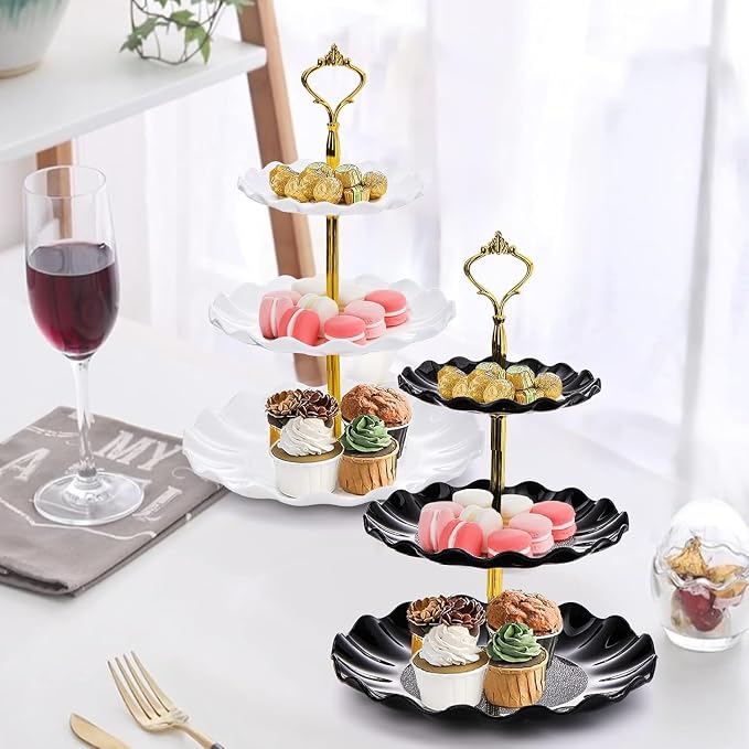 DEAYOU 4 Pack 3 Tier Cupcake Dessert Stand, Plastic Tiered Cake Stand Display Tower, Pastry Serving Tray Platter Rack Holder for Buffet, Cookie, Party, Wedding, Home Decor, White Gold, Black Gold