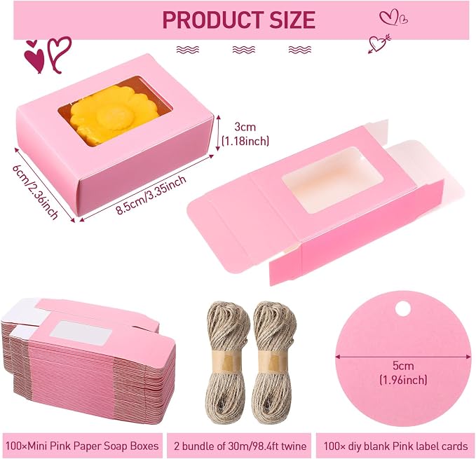 Zhanmai 100 Set Pink Small Soap Boxes for Homemade Soap, 3.35 x 2.36 x 1.2 Inch Paper Packaging Boxes with Window, with 100 Tag and Twine, Gift Wrapping Supplies for Bakery Candy Cookies Party Favors