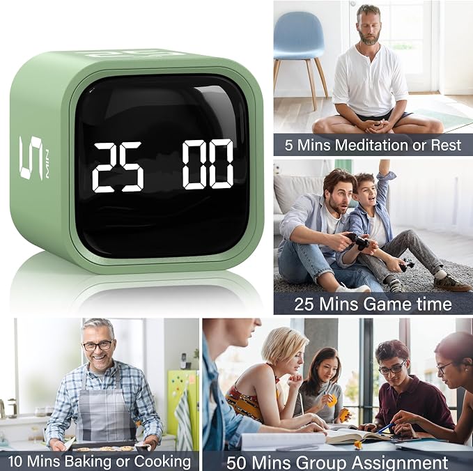 Rotating Pomodoro Timer 5, 25, 10 50 Minutes Preset, Desk Productivity Flip Timer, ADHD Tool Cube Countdown Stopwatch, Vibration/High/Low Volume/Custom Modes, for Work, Study, Back to School, Green