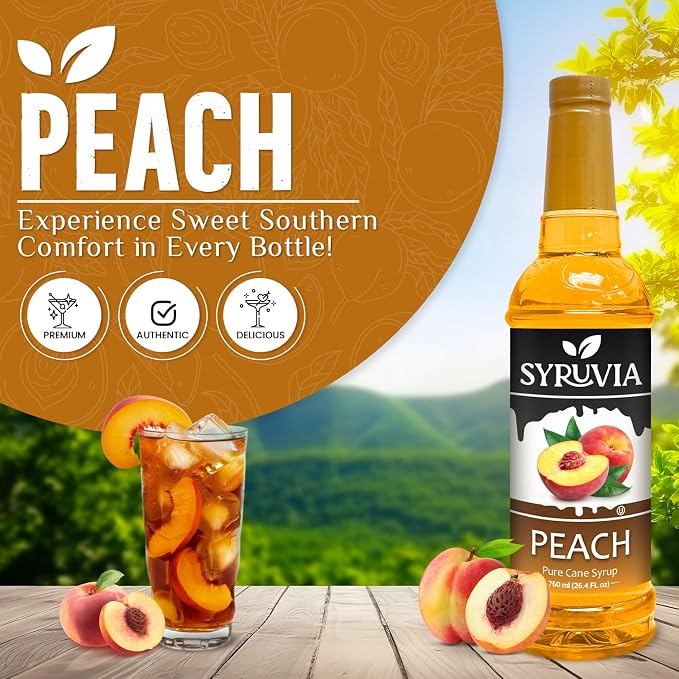 Syruvia Peach Syrup, Flavored Syrup for Cocktails, Fruit Drinks, Lemonades, and Desserts – 25.4 fl oz - with Pump