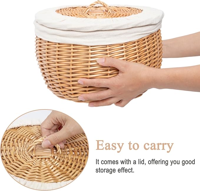 Wicker Bread Basket Serving with Lid & Removable Lining, Sourdough Proofing Basket,Eco-friendly Bread Storage basket Ideal for Picnics & Dining(Round)