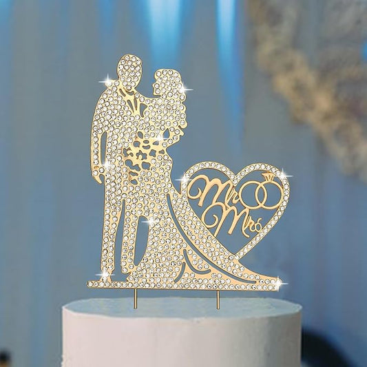 Jaciya Wedding Cake Topper Gold Bride and Groom Cake Topper Rhinestone Heart Shape Metal Mr and Mrs Cake Toppers Reusable Bridal Shower Engagement Anniversary Cake Decorations