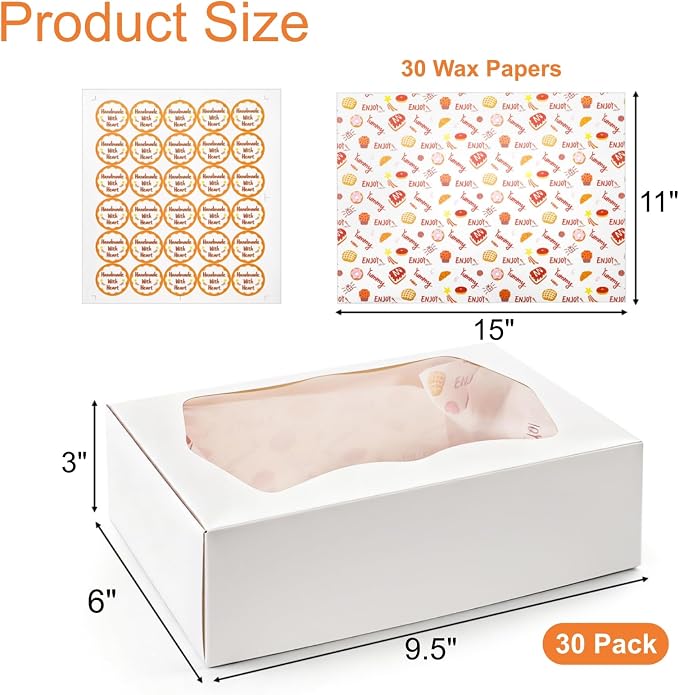 30 Pack Bakery Boxes with Window, 9.5"×6"×3" Cookies Box with Wax Paper, Paperboard Pie Cake Treat Boxes with 30 Stickers, Bakery Gift Box Container for Dessert Mini Cake Pastry Birthday