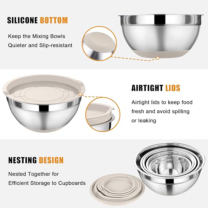 P&P CHEF Mixing Bowl with Lid Set, 5 Piece Stainless Steel Mixing Nesting Bowls for Salad Storage, 3 Grater Attachments & Non-Slip Bottoms, Size 1/1.5/2 / 2.6/4.6 QT, Khaki