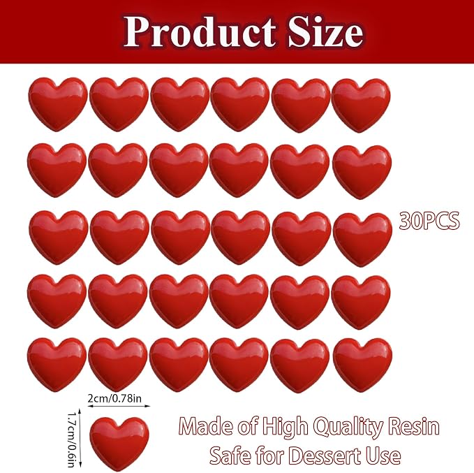 30PCS Resin Valentines Day Heart Cupcake Toppers Red Heart Cupcake Picks Happy Valentine's Day Heart Cake Decor for Valentine's Day Theme Party Decoration Supplies