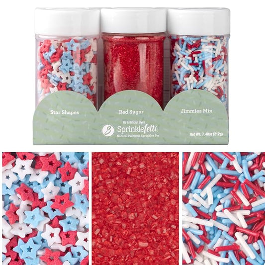 Sweets Indeed Dye Free 4th of July Sprinkles 3-Pack Set – Patriotic Sanding Sugar, Jimmies Mix and Star Sprinkles with No Artificial Dyes for Baking & Decorating Cupcakes, Cookies, Cakes & Desserts – 7.48 ounces