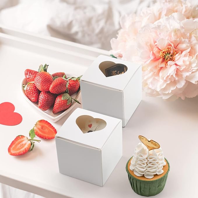 100 Pack White Individual Cupcake Containers with Heart Shaped Window, 3 Inch Small Single Bakery Box Cardboard Holder for Mini Cake Cookie Dessert, Packaging Togo Box for Birthday Party Favor