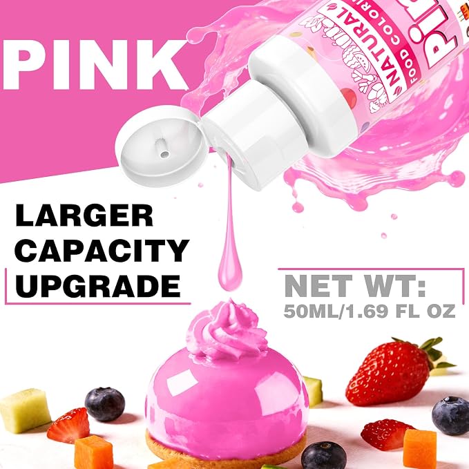Pink Natural Food Coloring - 50ml Plant Based Food Dye, No FD&C & Artificial Dyes, Gluten-Free, Food-Grade, Vibrant Liquid Colors for Icing, Baking, Cake Decorating, Frosting, Fondant, Slime - 1.69 Fl.Oz Bottles