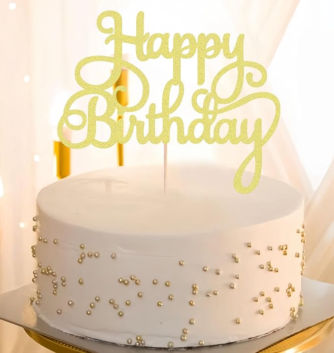 Happy Birthday Cake Topper - Gold Glitter Birthday Party Cake Decoration Supplies, Photo Booth Props