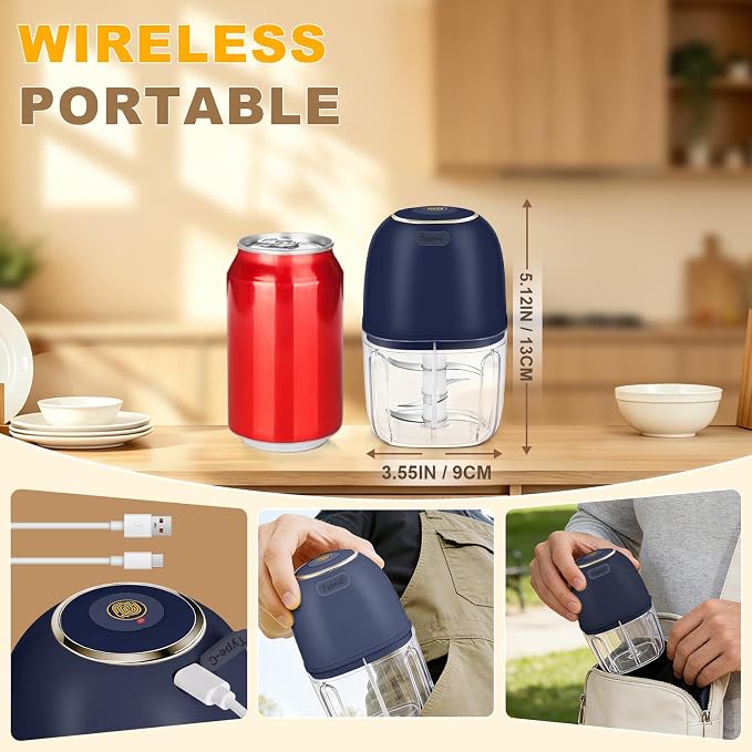 Portable Electric Garlic Chopper, 2 Bowls(1 Cup&1.5 Cup) Cordless Mini Food Processor【Up-Durable Motor】【2 Sets 304 Stainless Steel Blade】Grind for Garlic,Onion,Meat,Baby Food,BPA FREE(BLUE)