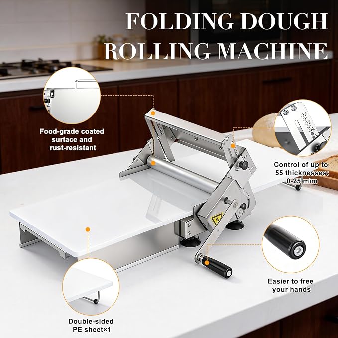 Folding Dough Sheeter Machine, 12"Stainless Steel Manual Dough Roller Adjustable Thickness With Sheeter Board For Pizza Croissants Pastry Crust Pastry (Type 300)