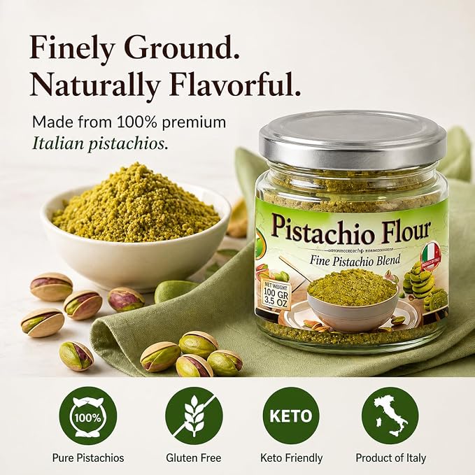 Sanniti Pistachio Flour, 3.5 oz – Fine Pistachio Blend for Baking & Cooking – 100% Pure Pistachios – Product of Italy [Pack of 2]