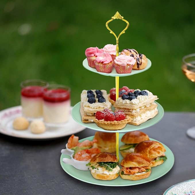 Lucky Will Green Tiered Dessert Serving Tray for Kid's Party Supplies Favors 3 Tier Cupcake Cake Stand for Birthday Tea Afternoon Halloween Christmas Candy Bar