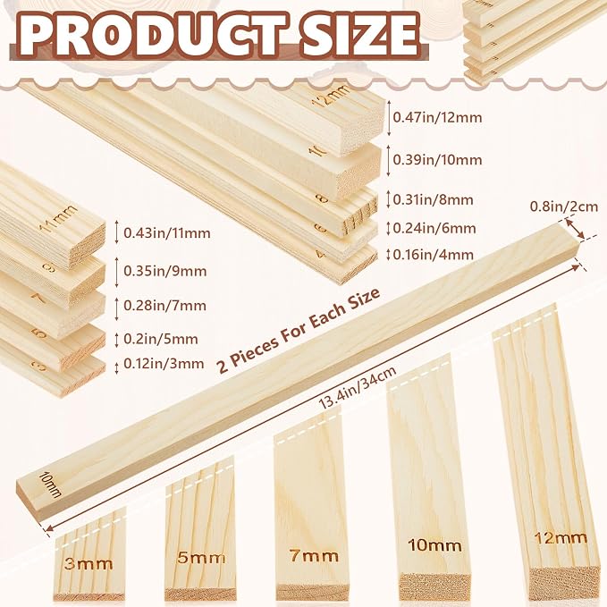 Sasylvia 20 Pcs Clay Pottery Rolling Pin Guides Wood Teaching Rolling Mud Stick Guide Set Polymer Clay Depth Thickness Guide Pottery Mudboard Tools (10 Size,Wood Color)