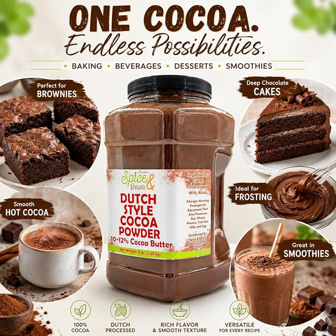 Dutch Process Cocoa Powder | 100% Unsweetened Cocoa | Bulk 5 lb Container | Rich Dark Baking Cocoa for Brownies, Cakes, Hot Chocolate & Smoothies | Dasher’s Spice & Beans