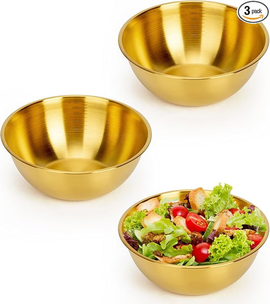 3-Piece Stainless Steel Golden Mixing Bowls (7.1") Metal Bowl with Measurement Marks, Dishwasher Safe & Stackable - Perfect for Baking, Salad Making, Meal Prep and Kitchen Use