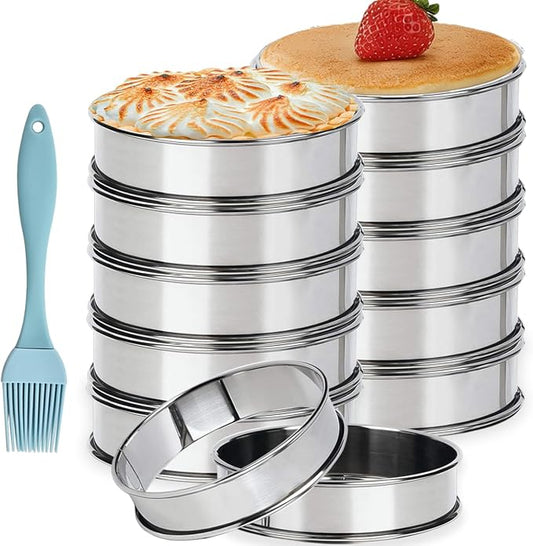 12 Pack English Muffin Rings 4 Inch Stainless Steel Crumpet Ring with Oil Brush, Metal Pastry Rings Mold Double Rolled Tart Ring for Baking Kitchen Food Making