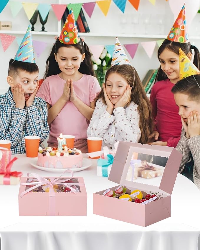 COTOPHER 30Pcs Cookie Boxes with Ribbons, 9x6x3 Inch Bakery Boxes with Window, Pink Treat Containers for Pastries, Chocolate Covered Strawberries, Dessert, Easter Candy, Muffins, Donuts