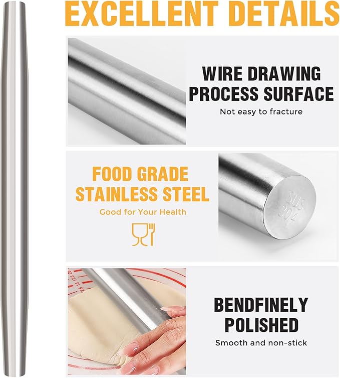 AMUZHI Smooth Seamless Stainless Steel Rolling Pin, 12.8Inch | Easy to clean food grade metal, ideal for daily pizza, pie, pasta, dumpling and cookie dough household baking