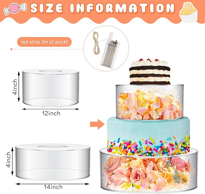 Sunnyray 2 Pcs Acrylic Cake Stands for Dessert Table Clear Fillable Cake Riser Cupcake Tier with LED Strings for Birthday Wedding Holiday Party Display(12'', 14'')