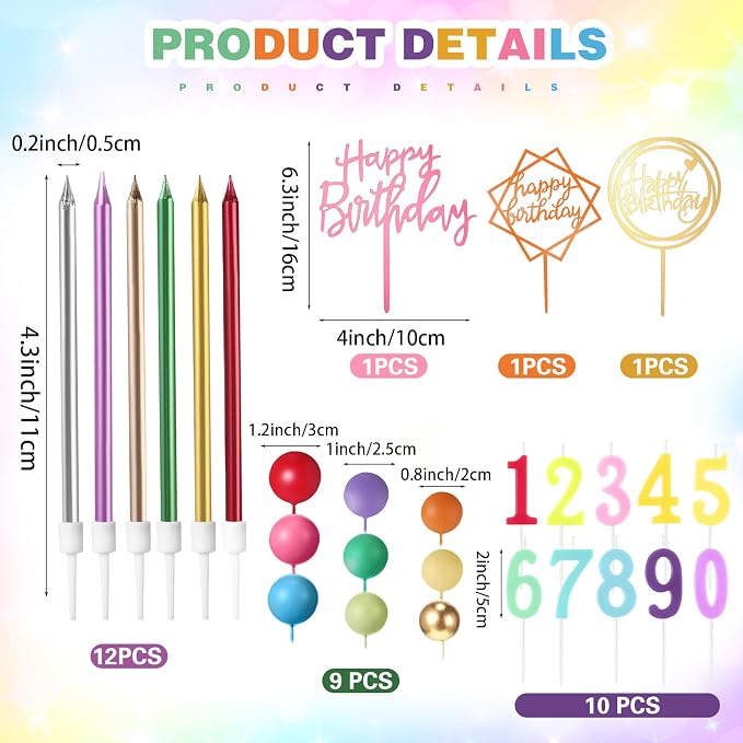 Yerliker 34 Pcs Happy Birthday Cake Toppers Decorations Birthday Candles DIY Cake Decor for Men Women Wedding Anniversary (Colorful)