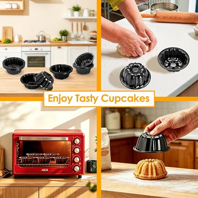 16Pcs 4 Inch Mini Fluted Cake Pan Nonstick Mini Fluted Tube Cake Pan, Carbon Steel Mini Flan Molds Pan with Oil&Dish Brushes, Reusable Oven Baking Mold for Cupcake, Bread Chocolate, Brownie