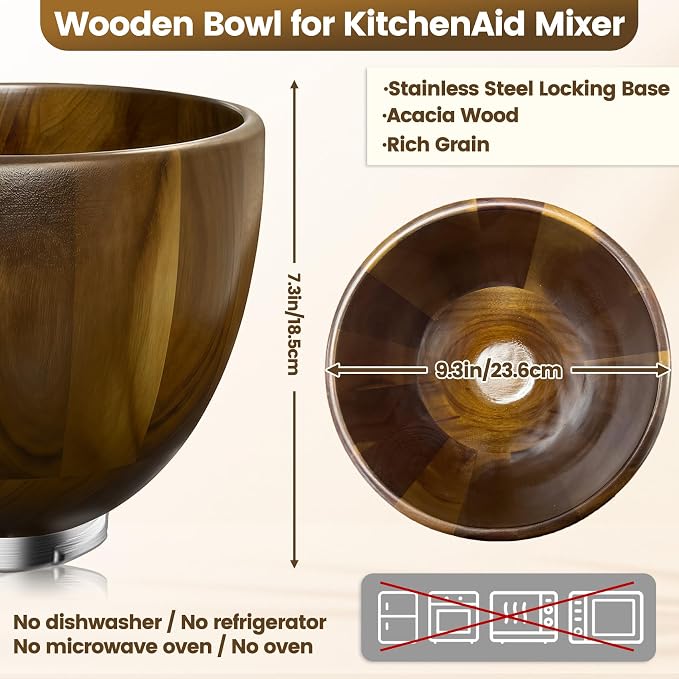 Premium Walnut Wood Mixing Bowl Compatible with KitchenAid 4.5 & 5 QT Tilt-Head Models, Handmade Natural Walnut Wooden Bowl with Stainless Steel Locking Base | 5QT