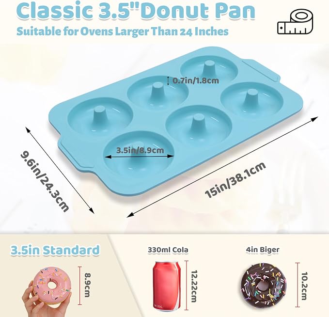 3.5 Inch Nonstick Silicone Donut Pan for Baking with Metal Frame, 1 Pack Donut Molds for Baking, 6 Cavity Doughnut Pan for Oven and Bagel Trays Non Toxic with Handle (Mint Green)