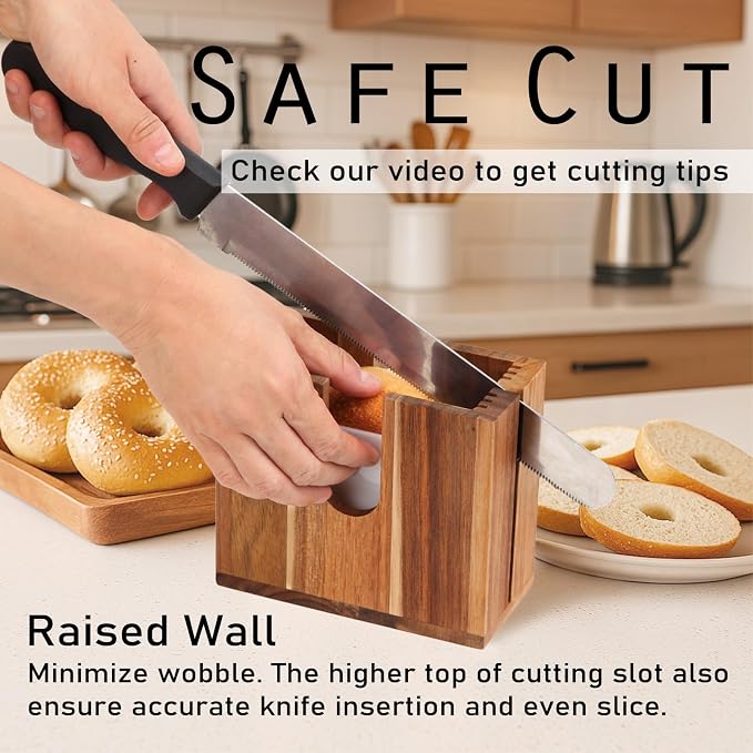 Large Adjustable Bagel Slicer Holder (Upgraded) – Acacia Wood Bread Cutter for different sizes Bagels, Buns, English Muffins – Non-Slip Base, Easy Storage (Large)