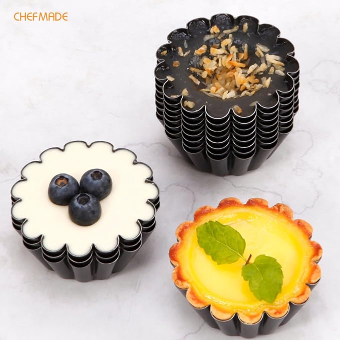 CHEFMADE Mini Egg Tart Pans, Non-Stick 3 Inch 12Pcs Tartlet Molds for Baking, Small Round Quiche Pans for Egg Tarts, Cupcakes, Pies (Black)