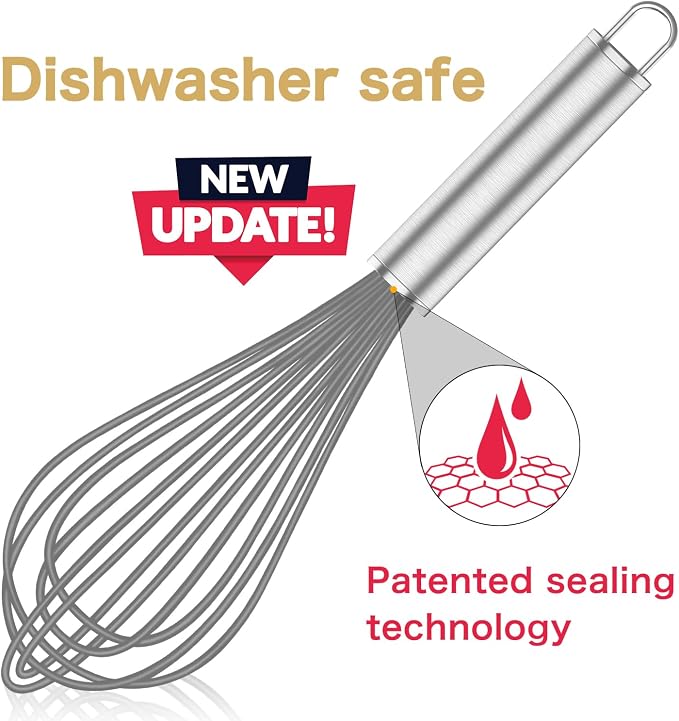 OYV Grey Silicone Whisk, Professional Whisks For Cooking Non-Scratch, Stainless Steel & Silicone Wisk, Plastic Rubber Whisk Tool For Nonstick Cookware Pans, Silicon Wisks Set of 3