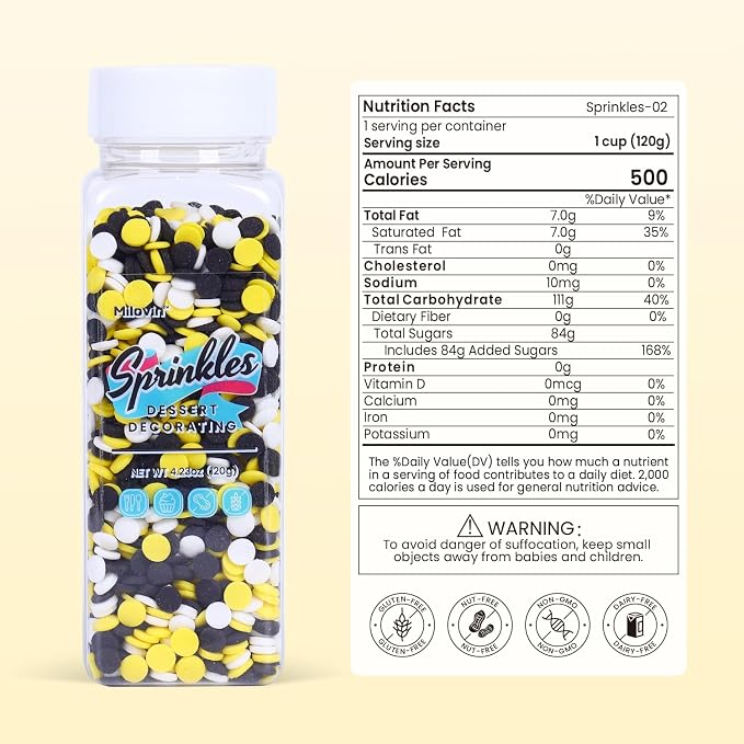 Edible White, Black and Yellow Sprinkles, Confetti Sprinkles, Round Sprinkle for Cake, Macaron, Cupcakes, Cookies, Ice Cream, and Candy(120g/4.23oz)