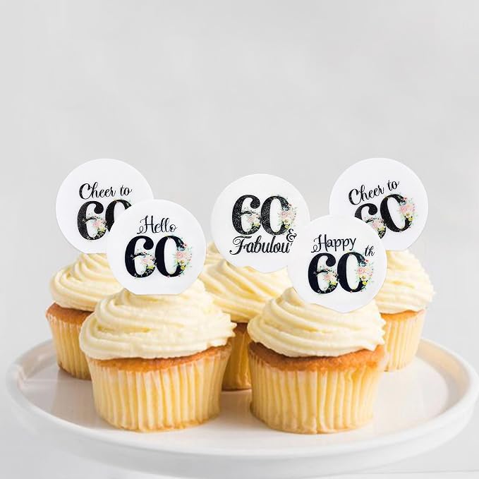 40Pcs Edible Circle Happy 60th Birthday Cupcake Toppers Edible Floral Hello 60 Fabulous Cheers to 60 Cupcake Picks Drink Toppers for Funny Female Floral 60th Birthday Party Decorations