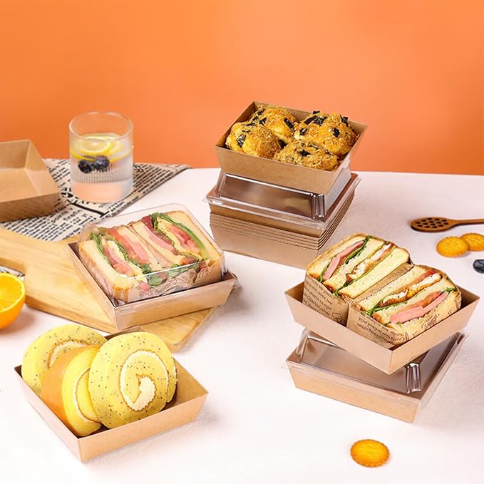 100 Pack Charcuterie Boxes with Clear Lids, 5 Inch Kraft To Go Paper Bakery Box with 500 Stickers, Jute Rope, Brown Disposable Dessert Container for Sandwich, Cookie, Cake Slice