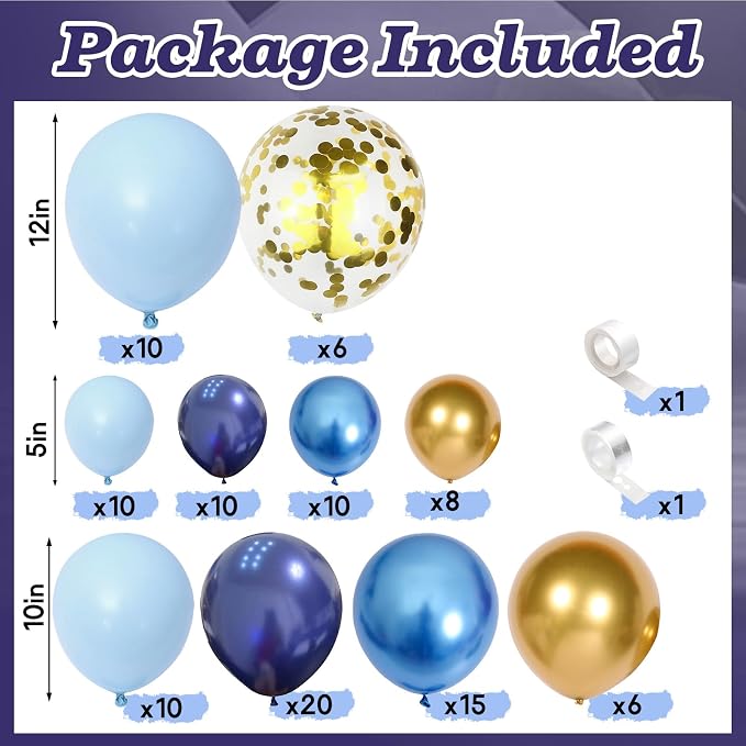 Graduation Balloon Arch Kit Blue and Gold Balloon Garland Royal Pastel Light Blue Metallic Gold Confetti Balloons for Grad Class of 2026 Boss Retirement Prom Birthday Baby Shower Party Decorations